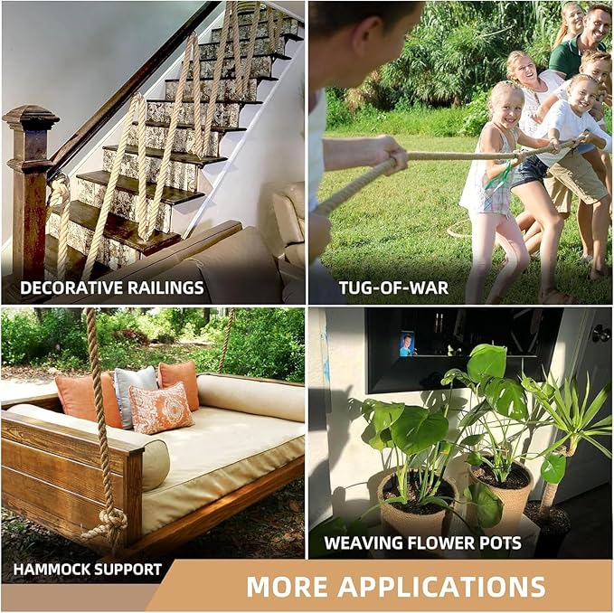 3/4 Inch Natural Jute Rope, 100 Feet Thick Hemp Rope, 4 Strands Twisted for Crafts, Railings, Hammock, Nautical, Home Decorating, Indoor/Outdoor Use