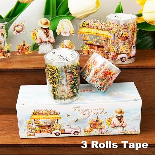 Floral Sea PET Tape Set, 3 Rolls Pre-Cut Botanical Stickers for Scrapbooking, Journaling, DIY Crafts, and Collage Art (30 mm/50 mm/55 mm)