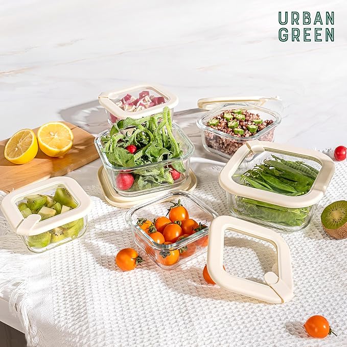 Urban Green Glass Food Storage Containers with Glass Lids, Microwave Safe Food Container Set, Airtight Meal Prep Containers, LeakProof, 100% Plastic Free, 6 Pack