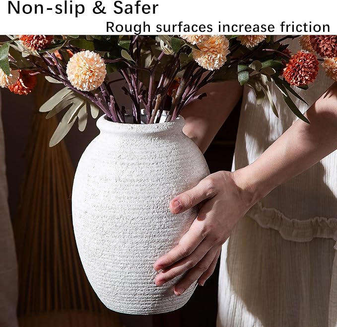 8 Inch White Ceramic Vase - Rustic Vintage Decorative Vase for Home - Farmhouse Pottery Vase for Flowers - Christmas Vase - Modern Vintage Dining Table Centerpiece ， Lyeec Vases Set