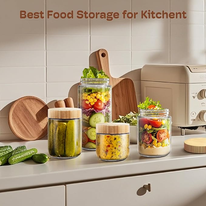 2 pack 24oz Overnight Oats Containers with Bamboo Lids, Glass Jars with Airtight Lids for Meal Prep, Wide Mouth Mason Salad Jars, Glass Food Storage Container for Yogurt Chia Snacks Spice Sugar