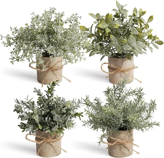 4Pcs Small Fake Plant for Home Decor, Artificial Plants Indoor for Shelf Decor, Small Artificial Plants in Pots for Kitchen Bathroom Laundry Farmhouse Room Decor