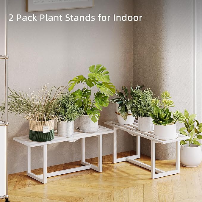2 Pack Metal Plant Stand Indoor, Outdoor Iron Plant Shelf, Heavy Duty Slatted Display Shelf for Patio Balcony Garden Living Room Load Bearing 330 LB 26" L x 10.4" H x 8.6" W 1 Tier White