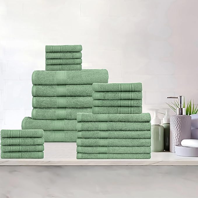 HILLFAIR - 100% Cotton 24 Piece Bath Towels Set for Bathroom- 24 PC Bulk Pack - Quick Dry Absorbent Hotel Spa Towel Set- 2 XXL Oversized Sheets, 4 Bath, 6 Hand, 4 Fingertip Towels, 8 Washcloths: Sage