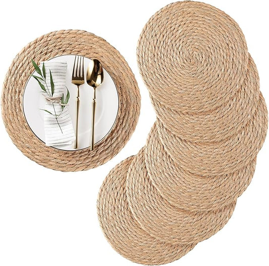 Round Woven Placemats Set of 6, Natural Water Hyacinth Place mats, 13.8 inch Rattan Placemats Wicker Placemats Farmhouse Boho Braided Heat Resistant Outdoor Placemat Patio Table Place Mats