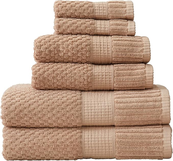 NY Loft 100% Cotton Towel Set 6 Piece Towel Set | Super Soft & Absorbent Quick-Dry 2 Bath Towels 2 Hand Towels & 2 Washcloths |Textured and Durable Cotton | 6 Piece Set, Light Taupe