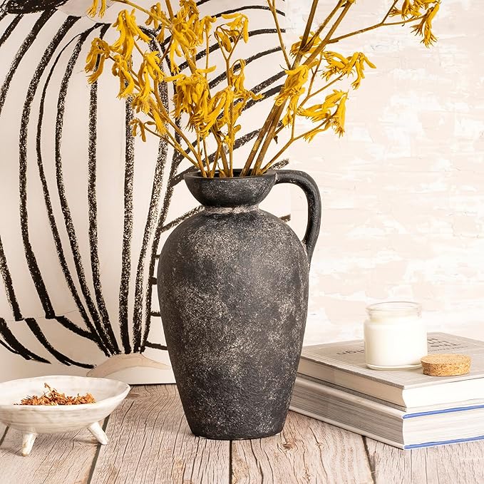 Terracotta Vase with Handle, Black Boho Ceramic Pottery 10inch, Farmhouse Unique Textured Round Jug, Rustic Vintage Decorative Vases for Flowers, Centerpieces, Living Room.