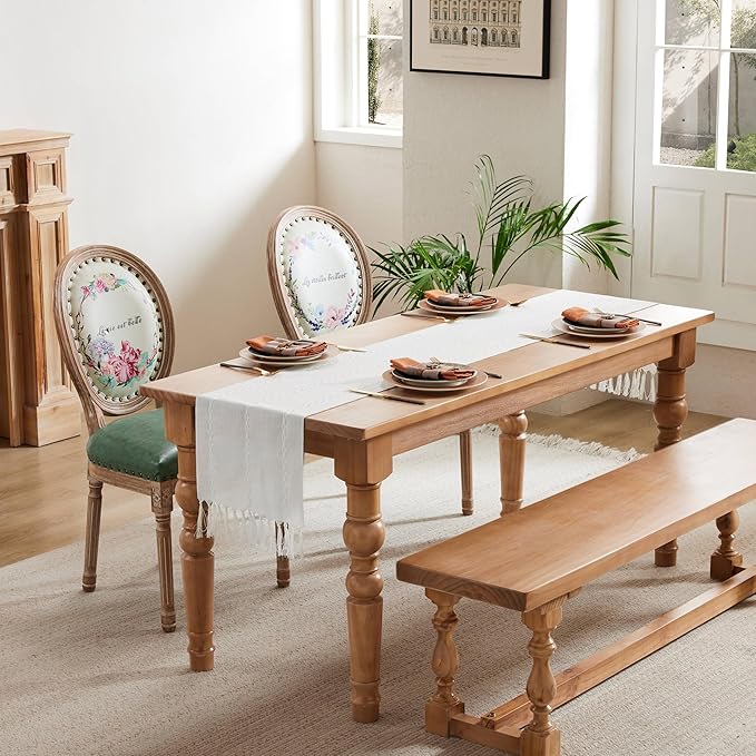 Braided Farmhouse Table Runner, Braided White 13x60 Inch, Cotton Linen Table Runners 60 Inches Long, Embroidered Striped White Boho Table Runner Rustic Home Decor
