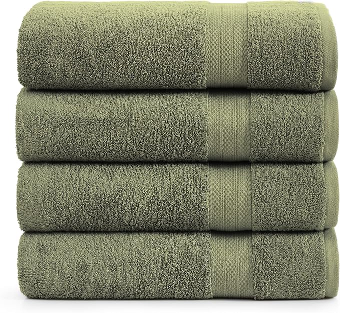 Lane Linen 100% Cotton 4 Pack Bath Towels (28"x54") - Zero Twist, Mercerized Cotton Bathroom Towels Set - Quick Dry, Very Soft & Absorbent Large Bath Towels - Tumble Dry Regains Fluffiness - Oil Green