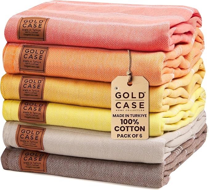 Gold CASE LYCIA Turkish Beach Towel Set of 6 – 100% Cotton Turkish Beach Towels Bulk 70 x 38'' – LYCIA Oversized, Quick Dry & Sand Free Beach Towel – Lightweight Towels Set in Tones of Yellow