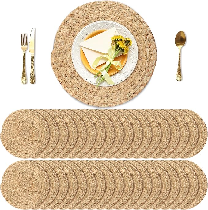 Set of 36 Round Woven Placemats 13.5-Inch Natural Water Hyacinth Plant Placemats Hand-Woven Boho Rattan Placemat Wicker Weave Table Mats for Home Table Farmhouse
