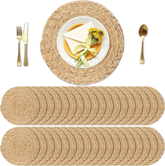 Set of 36 Round Woven Placemats 13.5-Inch Natural Water Hyacinth Plant Placemats Hand-Woven Boho Rattan Placemat Wicker Weave Table Mats for Home Table Farmhouse