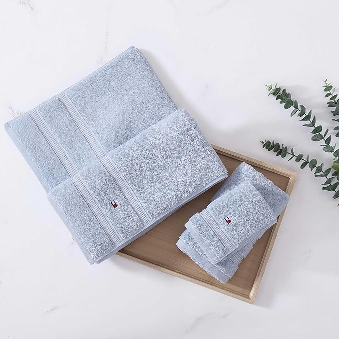 Tommy Hilfiger - Bath Towels, 100% Soft & Absorbent Plush Cotton with Zero Twist Constructions, Quick Dry and Medium Weight Bathroom Towels (Harborside Solid Light Blue, 6 Piece)