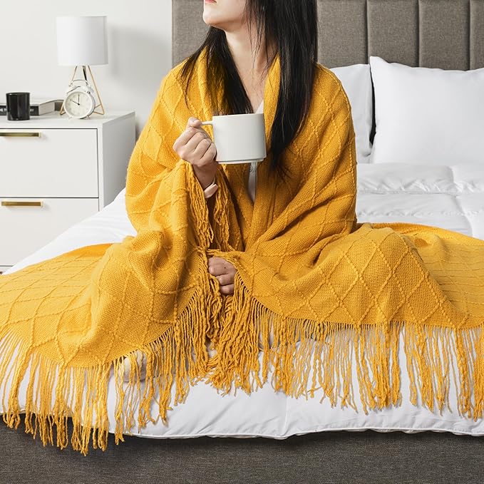 PAVILIA Mustard Yellow Knit Throw Blanket for Couch, Twin Bed, Soft Knitted Farmhouse Sofa Throw for Living Room, Lightweight Decorative Fall Blanket for Chair, Outdoor Textured Boho Blanket, 60x80