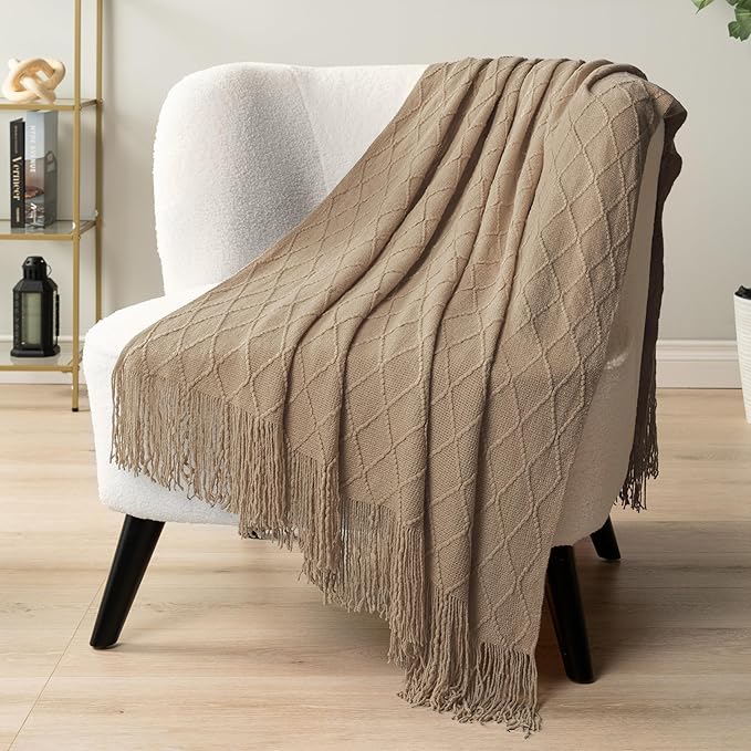 PAVILIA Tan Taupe Knit Throw Blanket for Couch Bed, Soft Knitted Farmhouse Sofa Throw for Living Room, Lightweight Decorative Fall Throw Blanket for Chair, Outdoor Textured Boho Blanket, 50x60