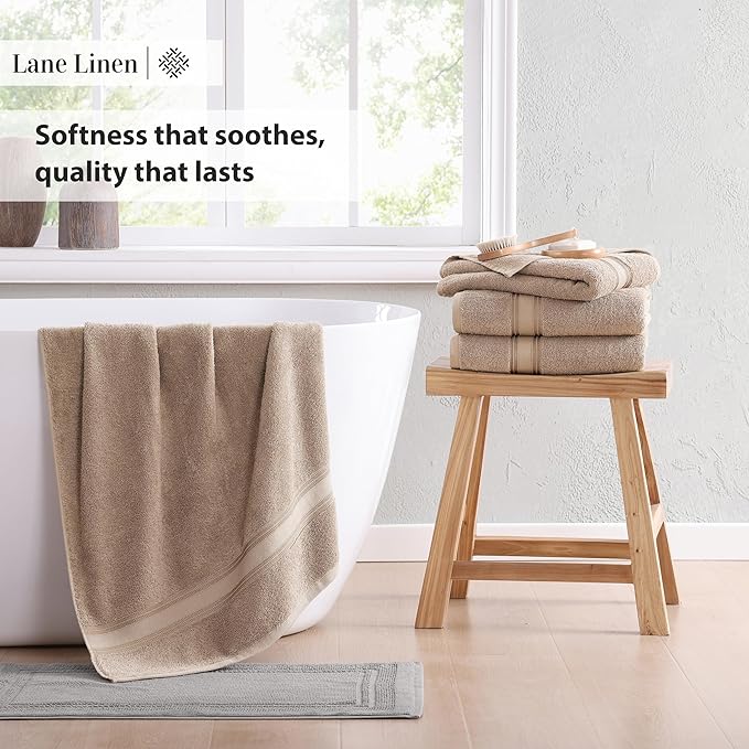 LANE LINEN 100% Cotton Bath Towels Set of 4 (30"x60") - Zero Twist, Cotton Bathroom Towel Sets - Quick Dry, Highly Soft & Absorbent Large Shower Towels for Bathroom - Sustainabaly Produced - Taupe