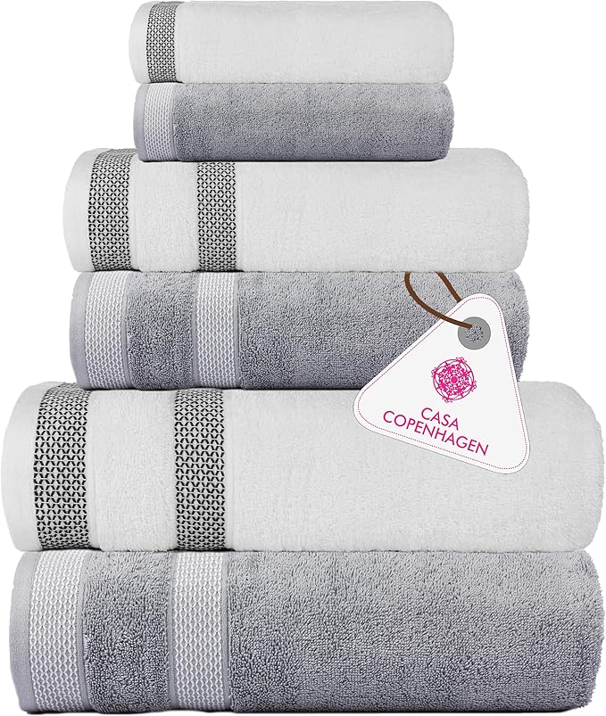 CASA COPENHAGEN Solitaire Mix 6 Pieces Towel Set- White + Grey Violet, 600 GSM 2Bath Towel 2Hand Towel 2Washcloth, Designed in Denmark Made of Soft Egyptian Cotton for Bathroom, Kitchen & Shower