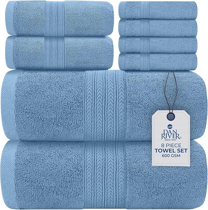 DAN RIVER 8 PC Luxury Bath Towels for Bathroom, 2 Bath, 2 Hand, and 4 Wash Cloths, 600 GSM 100% Ring Spun Cotton Towel Set, Highly Absorbent, Gym, Hotel, and Spa, Medium Blue
