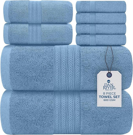 DAN RIVER 8 PC Luxury Bath Towels for Bathroom, 2 Bath, 2 Hand, and 4 Wash Cloths, 600 GSM 100% Ring Spun Cotton Towel Set, Highly Absorbent, Gym, Hotel, and Spa, Medium Blue