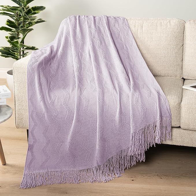 PAVILIA Lavender Purple Knit Throw Blanket for Couch, Twin Bed, Soft Knitted Farmhouse Sofa Throw for Living Room, Lightweight Decorative Summer Blanket for Chair, Outdoor Textured Boho Blanket, 60x80