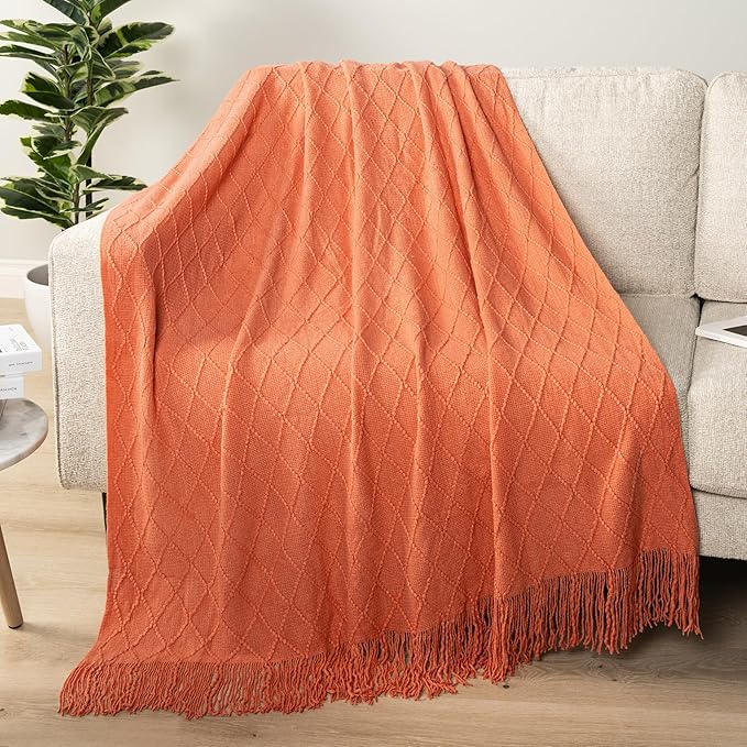 PAVILIA Coral Orange Knit Throw Blanket for Couch, Twin Bed, Soft Knitted Farmhouse Sofa Throw for Living Room, Lightweight Decorative Fall Blanket for Chair, Outdoor Textured Boho Blanket, 60x80