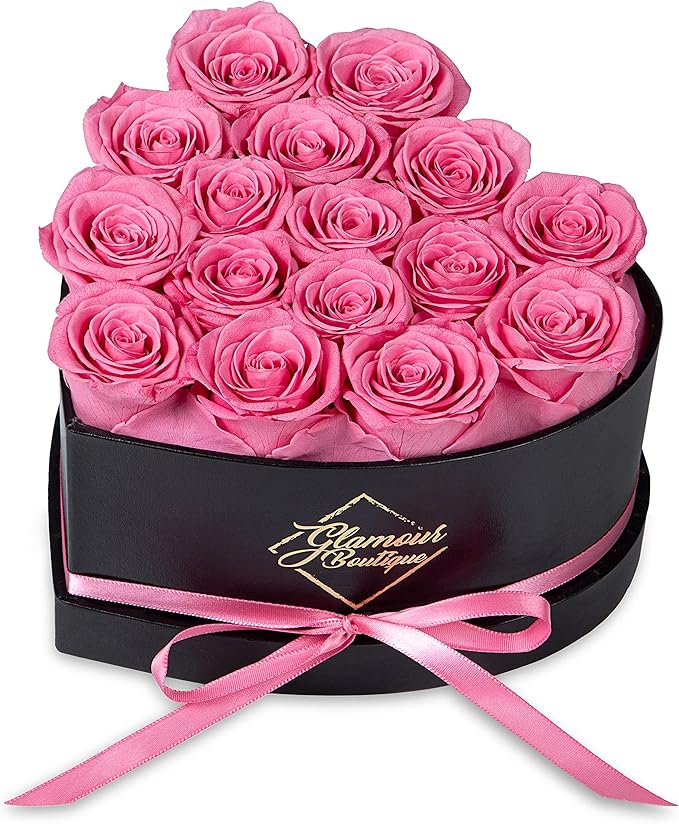 GLAMOUR BOUTIQUE 16 Flower Forever Heart Shape Box - Preserved Roses Gift for Her, Preserved Flowers, Pink