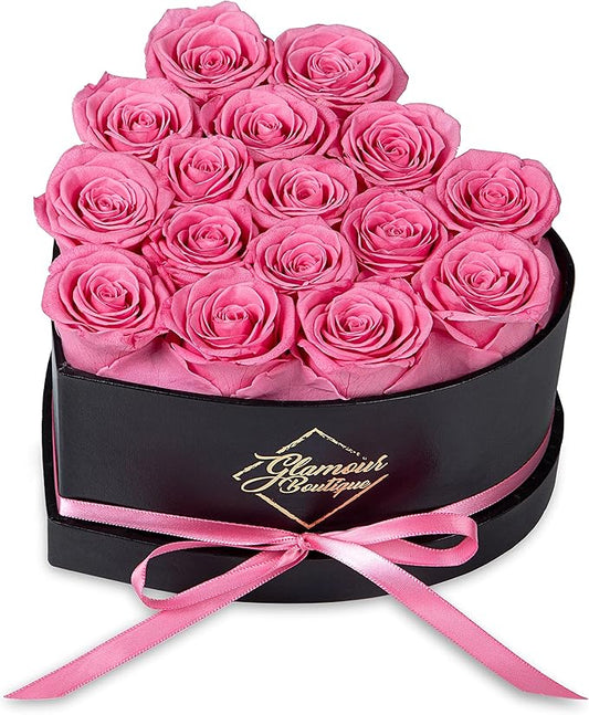 GLAMOUR BOUTIQUE 16 Flower Forever Heart Shape Box - Preserved Roses Gift for Her, Preserved Flowers, Pink