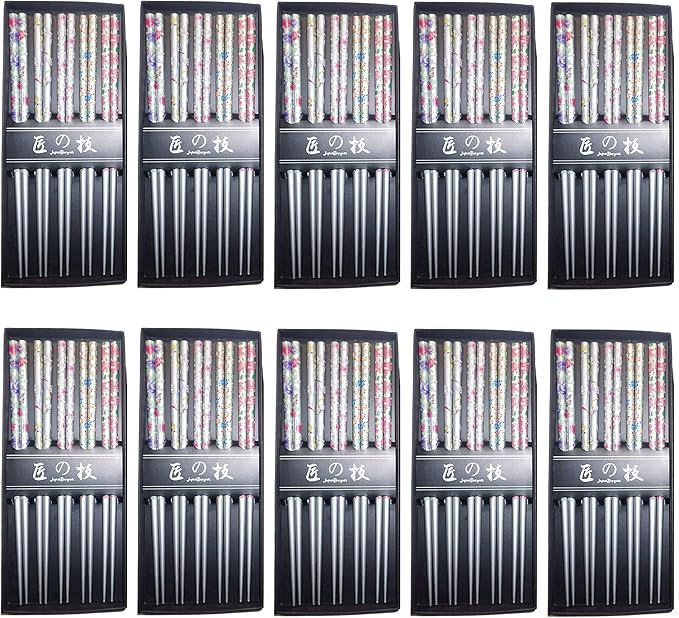 JapanBargain 4513, 10-Pack Reusable Bamboo Chopsticks Set, 5 Pairs Gift Boxed, 9 Inch Japanese Chinese Korean Wood Chopsticks Silver Flora Design, Dishwasher Safe, Hair Sticks