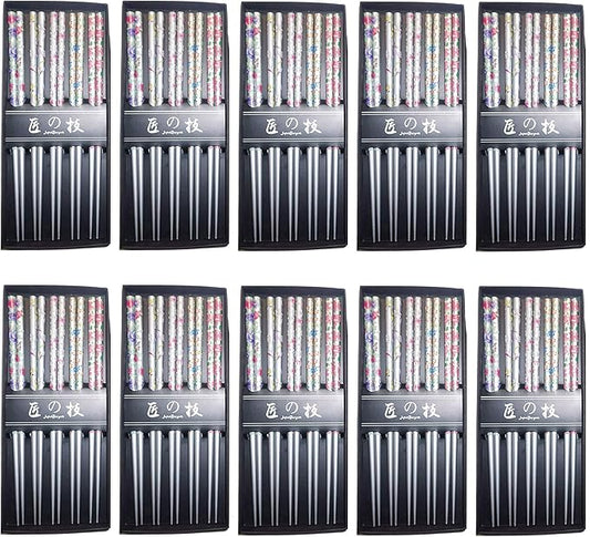 JapanBargain 4513, 10-Pack Reusable Bamboo Chopsticks Set, 5 Pairs Gift Boxed, 9 Inch Japanese Chinese Korean Wood Chopsticks Silver Flora Design, Dishwasher Safe, Hair Sticks