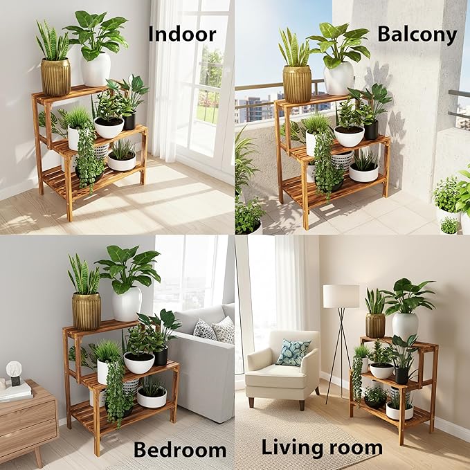 Rustic Acacia Wood Plant Stand, Multi-Tier Indoor Outdoor Corner Display Shelf, Wooden Flower Pot Holder for Home Garden Patio