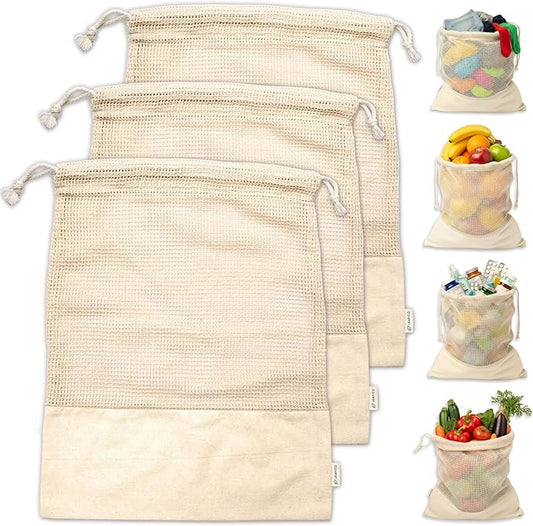 LEAFICO Reusable Produce Bags – 100% Cotton Mesh & Solid Hybrid (Medium 10x12 inch 3 Pcs) – Grocery Storage Bags for Fruit, Vegetables, Bulk Food – Washable, Plastic-Free, Breathable, Zero Waste