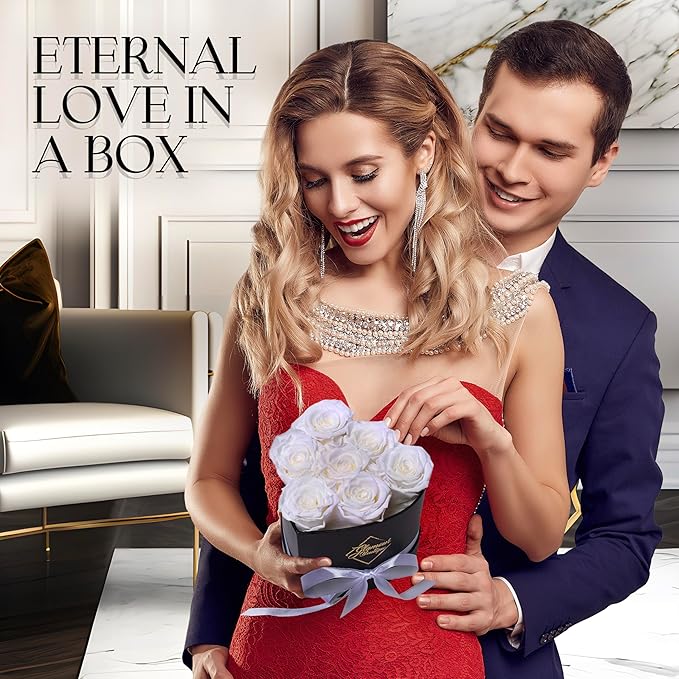 GLAMOUR BOUTIQUE 7 Flower Forever Heart Shape Box - Preserved Roses Gift for Her, Preserved Flowers, White