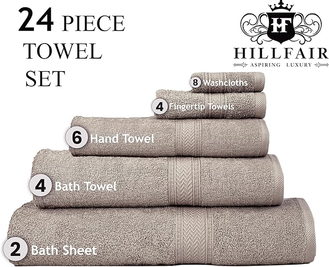 HILLFAIR 24 Piece Bath Towels Set for Bathroom- 100% Cotton 24 PC Bulk Pack Hotel Spa Towel Set- 2 XXL Oversized Big Towels, 4 Bath Towels, 6 Hand Towels, 4 Fingertip Towels, 8 Washcloths: Taupe