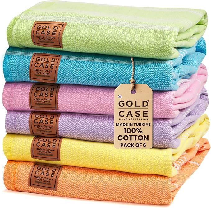 Gold CASE LYCIA Turkish Beach Towel Set of 6 – 100% Cotton Turkish Beach Towels Bulk 70 x 38'' – LYCIA Oversized, Quick Dry & Sand Free Beach Towel – Lightweight Towels Set in Multi Color Tones