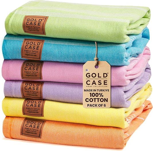 Gold CASE LYCIA Turkish Beach Towel Set of 6 – 100% Cotton Turkish Beach Towels Bulk 70 x 38'' – LYCIA Oversized, Quick Dry & Sand Free Beach Towel – Lightweight Towels Set in Multi Color Tones