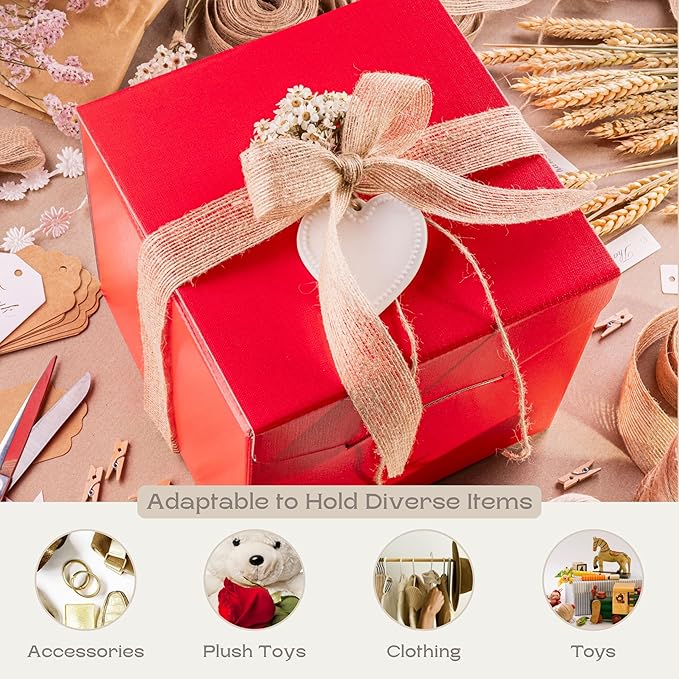 Pack of 10 Gift Boxes With Lids (7.87 x 7.87 x 7.08 inch) - Ideal for Graduation Presents - Red Linen