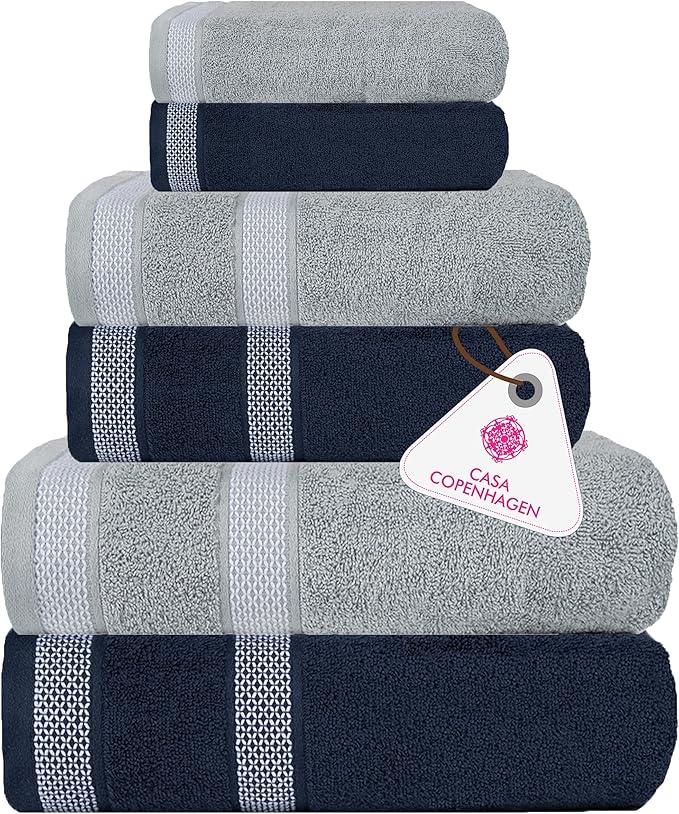 CASA COPENHAGEN Solitaire Mix 6 Pieces Towel Set- Navy Blue + Grey Violet, 600 GSM 2Bath Towel 2Hand Towel 2Washcloth, Designed in Denmark Made of Soft Egyptian Cotton for Bathroom, Kitchen & Shower