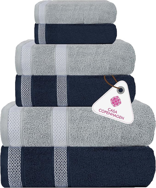 CASA COPENHAGEN Solitaire Mix 6 Pieces Towel Set- Navy Blue + Grey Violet, 600 GSM 2Bath Towel 2Hand Towel 2Washcloth, Designed in Denmark Made of Soft Egyptian Cotton for Bathroom, Kitchen & Shower
