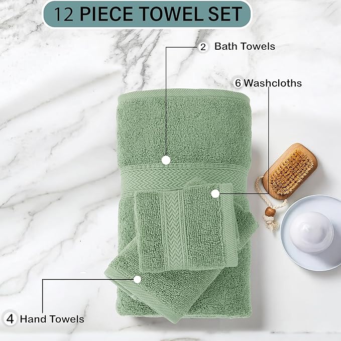 HILLFAIR 12-Piece Cotton Bath Towel Set - 600 GSM - Hotel Spa Towels - 2 Bath, 4 Hand, 6 Washcloths - Absorbent Soft Cotton - Sage