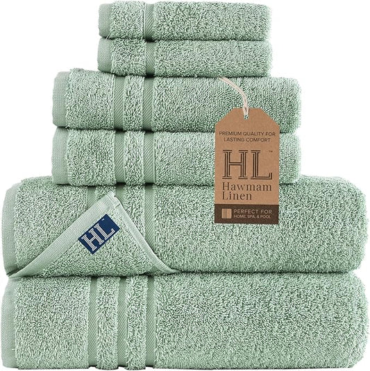 Hawmam Linen Green 6 Piece Bath Towels Set for Bathroom Original Turkish Cotton Soft, Absorbent and Premium 2 Bath Towels, 2 Hand Towels, 2 Washcloths