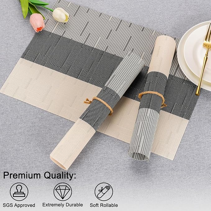 Placemats Set of 4, Vinyl Woven Place Mats Indoor Set of 4 Washable Wipeable PVC Table Mats Heat-Resistant Non Slip Plastic Placemat for Kitchen Dining Outdoor Table (Beige Black, Set of 4)