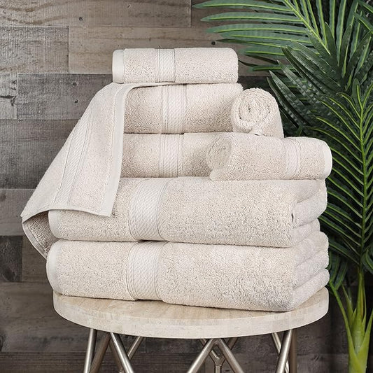 BLUENILEMILLS Madison Egyptian Cotton Towels, Towel Set for Bathroom, Shower, Hotel, Plush, 900 GSM, Highly Absorbent and Ultra-Soft Towels, Bath Essentials, 8 Piece Assorted Towel Set, Stone