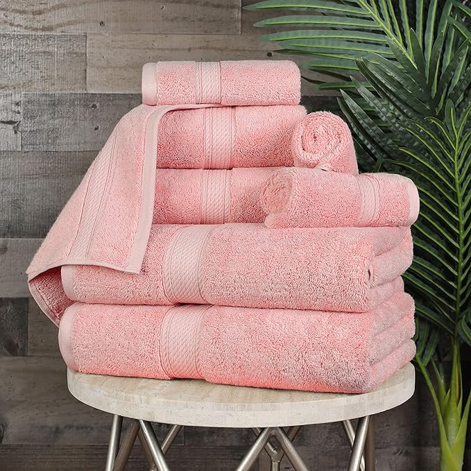 BLUENILEMILLS Madison Egyptian Cotton Towels, Towel Set for Bathroom, Shower, Hotel, Plush, 900 GSM, Highly Absorbent and Ultra-Soft Towels, Bath Essentials, 8 Piece Assorted Towel Set, Tea Rose
