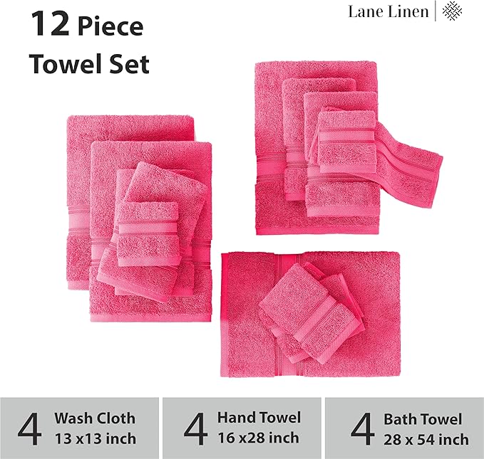 LANE LINEN 12 Pc Bath Towels Set – Ultra Soft 100% Ring-Spun Cotton, 4 Bath, 4 Hand Towel & 4 Wash Cloth, Zero Twist, Quick-Dry, Long-Lasting Comfort & Hotel Quality, Machine Washable – Fuchsia