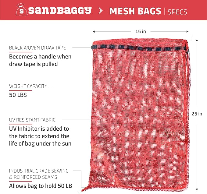Sandbaggy Mesh Onion Produce Bags | 15" x 25 Inch | 50 lb Capacity | Breathable Fabric | Great for Packaging Produce & Fruit