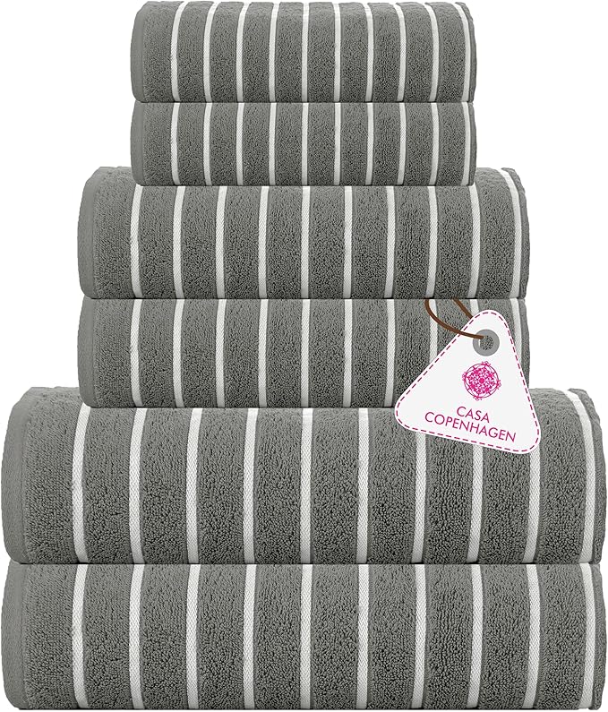 CASA COPENHAGEN Ecstatic 6 Pieces Towel Set- Pine Grey, 600 GSM 2 Bath Towel 2 Hand Towel 2 Washcloth, Designed in Denmark Made of Soft Egyptian Cotton for Bathroom, Kitchen & Shower