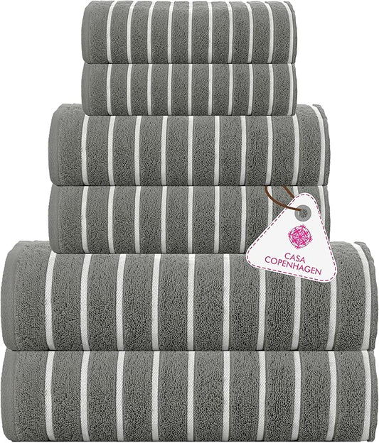 CASA COPENHAGEN Ecstatic 6 Pieces Towel Set- Pine Grey, 600 GSM 2 Bath Towel 2 Hand Towel 2 Washcloth, Designed in Denmark Made of Soft Egyptian Cotton for Bathroom, Kitchen & Shower