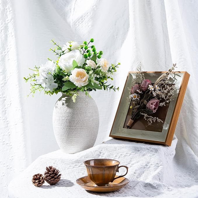 8 Inch White Ceramic Vase - Rustic Vintage Decorative Vase for Home - Farmhouse Pottery Vase for Flowers - Christmas Vase - Modern Vintage Dining Table Centerpiece ， Lyeec Vases Set