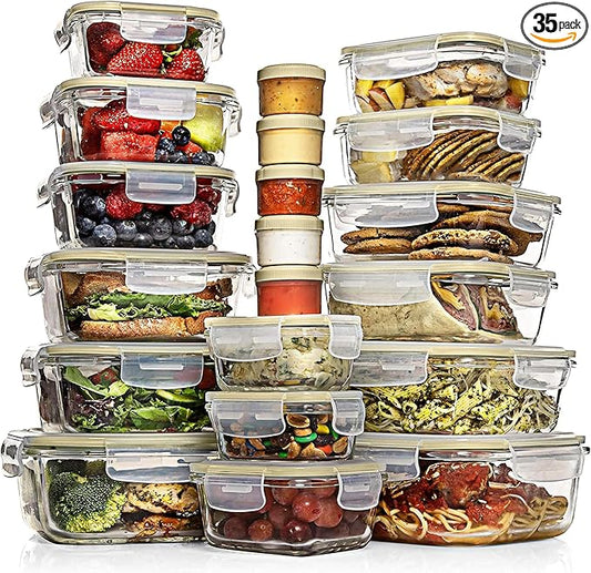 Razab 35 Pc Set Glass Food Storage Containers with Lids - Meal Prep Airtight Bento Boxes BPA-Free 100% Leak Proof (15 lids,15 glass & 5 Plastic Sauce/Dip Containers)