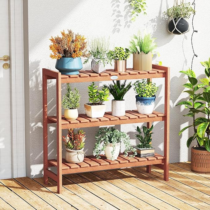 Giantex 3-Tier Plant Stand Indoor, Solid Wood Flower Pot Display Rack w/ Slatted Shelves, Take Oil Finish Bookshelf Shoe Rack, Indoor Outdoor Storage Shelf for Patio Garden Balcony Home Living Room Entryway
